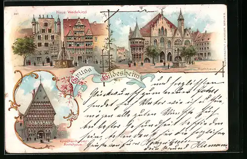 Lithographie Hildesheim, Haus Wedekind, Knochenhauer Amtshaus, Rathaus