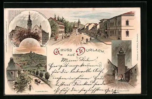 Lithographie Durlach, Turmberg, Prot. Kirche, Baselthor