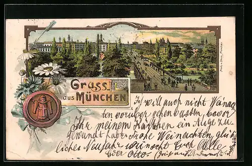 Lithographie München, Ortsansicht aus der Vogelschau