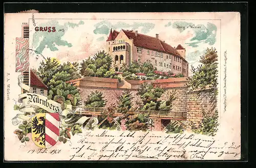 Lithographie Nürnberg, Burg v. Westen