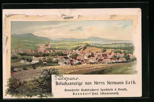 Lithographie Bonndorf /bad. Schwarzwald, Besuchsanzeige von Herrn Hermann Selb., Ortsansicht