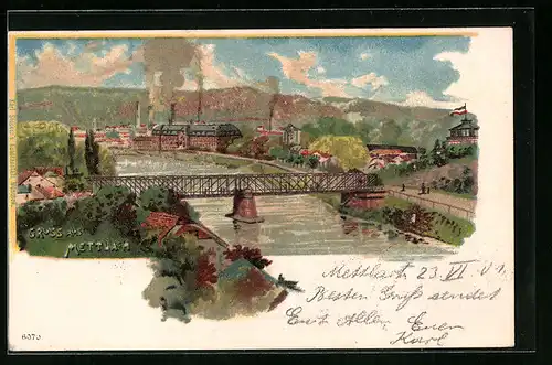 Lithographie Mettlach, Blick auf Fluss und Brücke