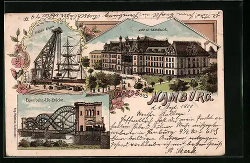 Lithographie Hamburg, Eisenbahn-Elb-Brücke, Riesen-Krahn