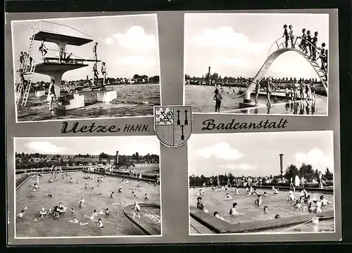 AK Uetze /Hann., Badeanstalt, Wappen, Sprungturm, Wasserrutsche