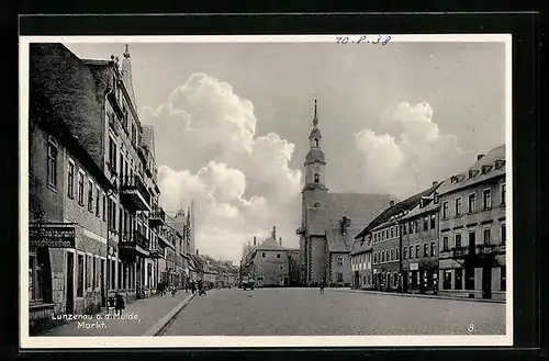 AK Lunzenau a.d. Mulde, Markt, Rathaus, Restaurant Muldenschlösschen