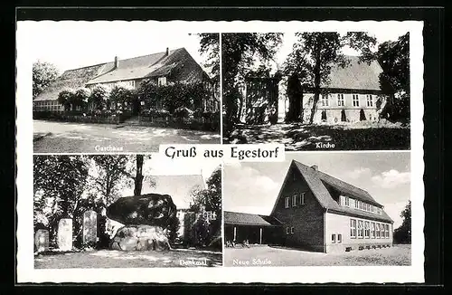 AK Egestorf, Denkmal, Gasthaus zu den acht Linden, Kirche, Neue Schule