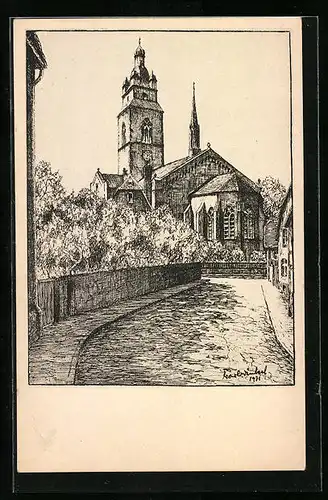 Künstler-AK Gross-Gerau, An der Helwigstrasse, Kirche