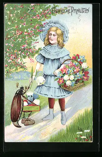 AK Mädchen mit Blumenkorb begegnet einem Maikäfer