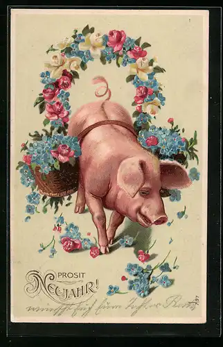 Präge-AK Schwein trägt Körbe voller Blumen