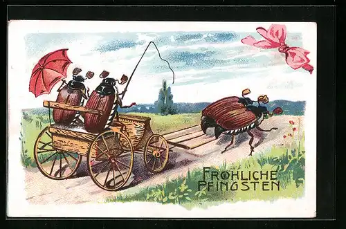 AK Maikäferpaar in einer Kutsche, Pfingstgruss
