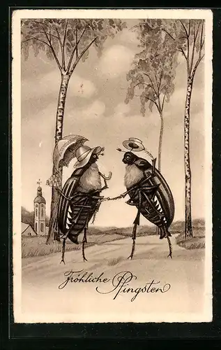 Künstler-AK Maikäfer lüpft Hut zur Begrüssung einer Maikäferdame auf einer Strasse - Pfingstgruss