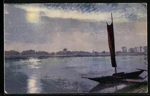 Künstler-AK Photochromie Nr. 1440: Flusspartie mit Segelboot