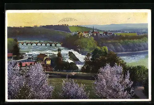 Künstler-AK Photochromie Nr. 377: Ortschaft und Viadukt mit Wehr