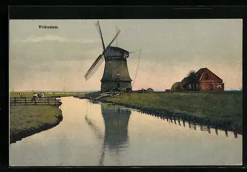 Künstler-AK Photochromie Nr. 2956: Volendam, Windmühle und Haus am Kanal