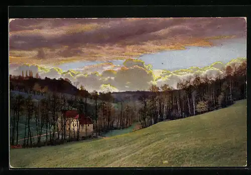 Künstler-AK Photochromie Nr. 4978: Wolken und Haus in Herbstlandschaft