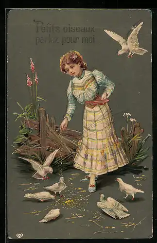 Präge-AK Mädchen füttert weisse Tauben