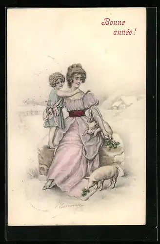 AK Mutter mit Kind und Ferkeln