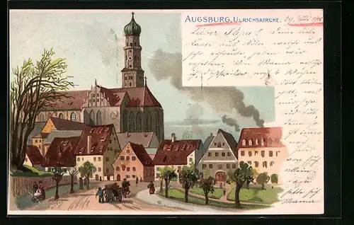 Künstler-AK Augsburg, Häuser und Strasse an der Ulrichskirche