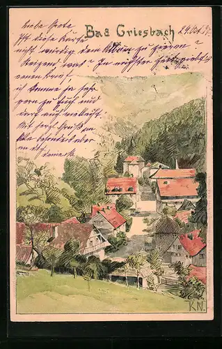 Künstler-AK Bad Griesbach, Ortsansicht von einer Anhöhe aus