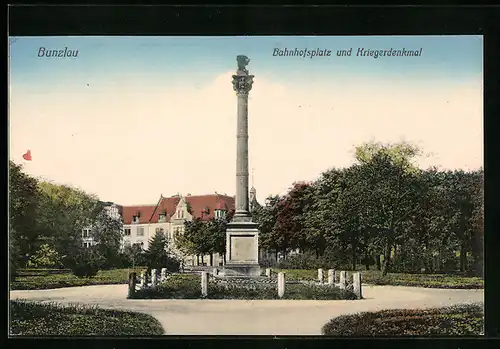 AK Bunzlau, Bahnhofsplatz und Kriegerdenkmal