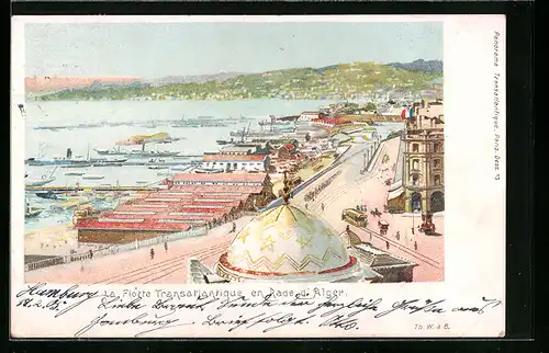 Lithographie Alger, La Flotte Tranatlantique en Rade d`Alger