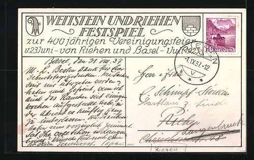 Künstler-AK Riehen, Wettstein und Riehen Festspiel zur 400 jährigen Vereinigungsfeier 1923, Strassenpartie mit Bürgern