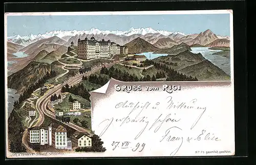 Lithographie Rigi, Panorama mit Hotel