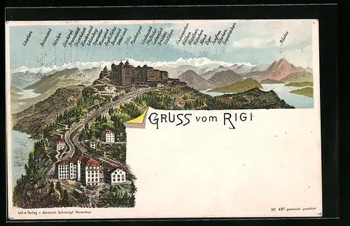 Künstler-AK Rigi, Hotel und Bergpanorama mit Eiger, Mönch und Jungfrau