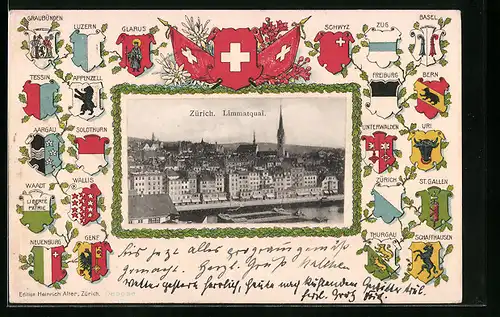 Präge-AK Zürich, Limmatquai, Wappen von Basel, Wallis und Tessin, Passepartout