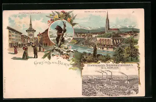 Lithographie Bern, Hoffmann`s Stärkefabriken Salzuflen, Zeitglockenturm, Panorama mit Münster