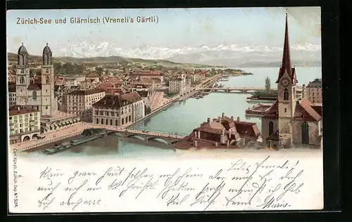 Lithographie Zürich, Zürich-See und Glärnisch mit Vreneli`s Gärtli