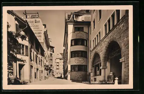 AK St. Moritz, Strassenpartie mit St. Moitzer Bank AG