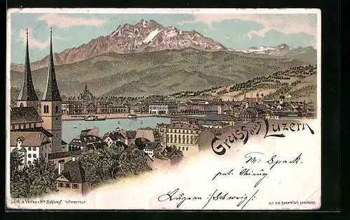 Lithographie Luzern, Teilansicht mit Kirche