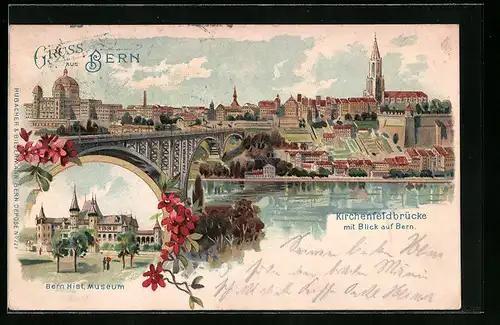 Lithographie Bern, Kirchenfeldbrücke mit Blick auf den Ort, Historisches Museum