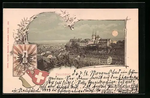 AK Neuchâtel, Blick zum Schloss bei Mondschein, Wappen