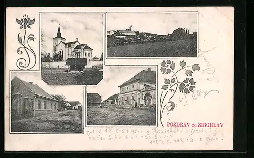 AK Zibohlavy, Kirche, Strassenpartien im Ort, Ortsansicht