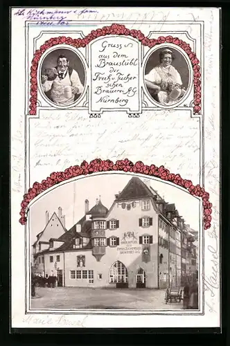 AK Nürnberg, Gasthaus Braustübl der Greih. u. Tucherschen Brauerei AG, Wirt und Wirtin