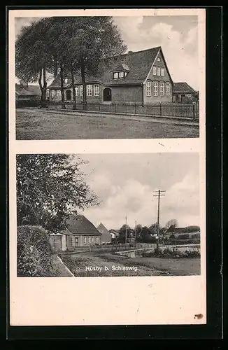 AK Hüsby b. Schleswig, Strassenpartie im Ort, Gebäudeansicht