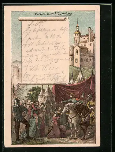 Vorläufer-Künstler-AK Weinsberg, 1895, Burg Weibertreu, Sage von der Rettung der Männer durch ihre Frauen