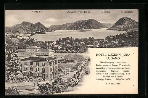 AK Lugano, Hotel Luzern Jura Lugano aus der Vogelschau, Ortsansicht mit See und Monte Brè