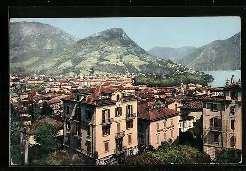 AK Lugano, Hotel Weisses Kreuz und Umgebung aus der Vogelschau
