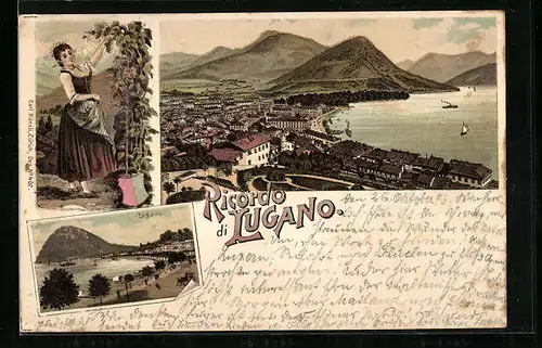 Lithographie Lugano, Ortsansicht aus der Vogelschau, Uferpartie, Weinlese, Wappen