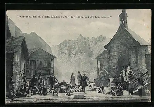 AK Zürich-Wiedikon, Volksschauspiel, Szene vor Bergkulisse aus Karl der Kühne und die Eidgenossen
