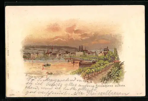 Künstler-AK Zürich, Seebrücke im Abendrot