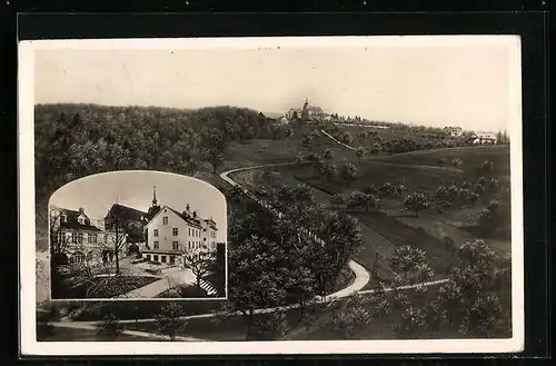 AK St. Chrischona, Landstrasse mit Blick zum Ort, Ortspartie mit Kirche