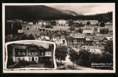 AK Spindlermühle, Hotel Badehaus, Teilansicht der Ortschaft