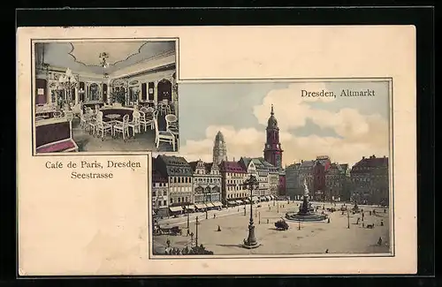 AK Dresden, Altmarkt und Café de Paris in der Seestrasse