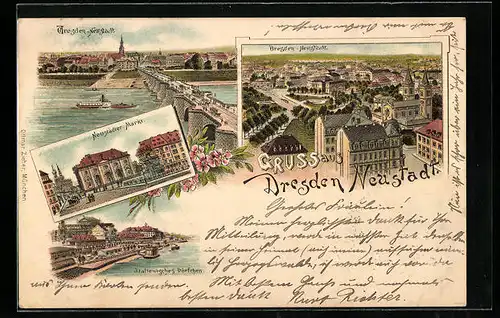 Lithographie Dresden-Neustadt, Ortsansicht, Neustädter Markt, Italienisches Dörfchen