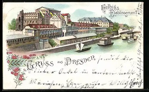 Lithographie Dresden, Helbig`s Etablissement mit Schiffen