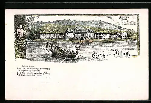 Lithographie Dresden-Pillnitz, Uferpartie mit Boot
